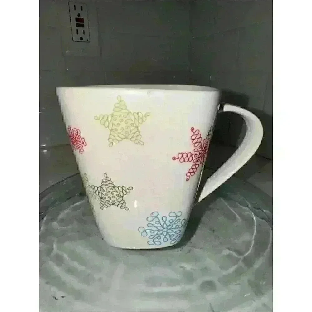 Starbucks 2005 Whimsical Holiday Square Coffee Mug Cup Snowflakes Stars 10 Oz